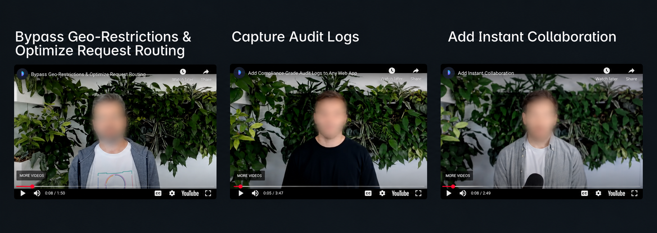 Three completed Blueprint tutorial videos shown side by side, with presenter faces blurred.