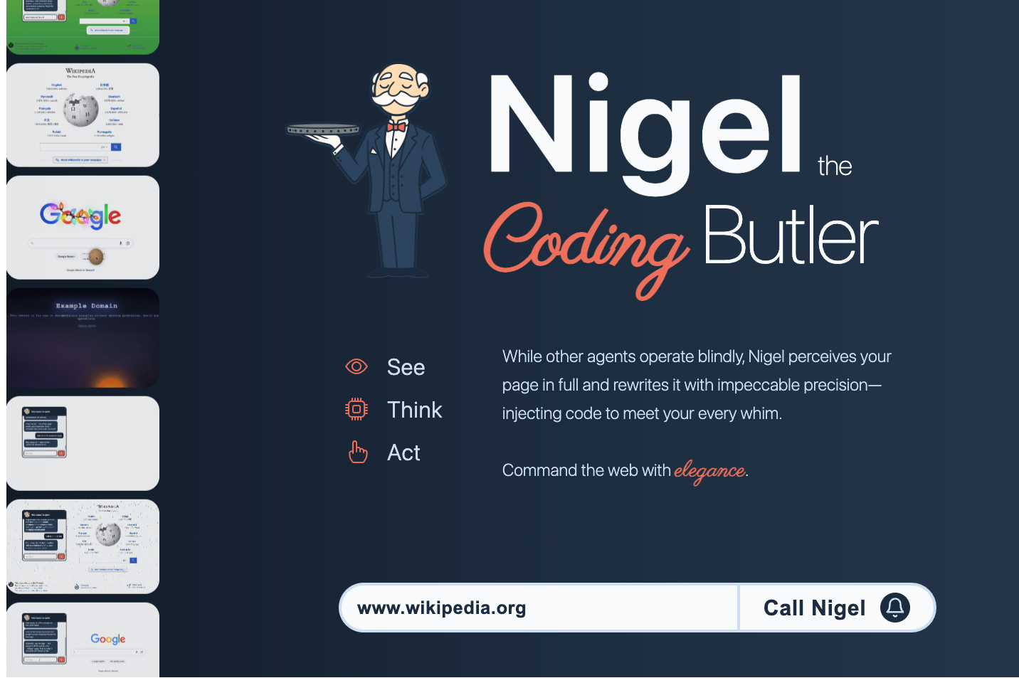 Nigel landing page with example websites, a URL field and a Call Nigel button.